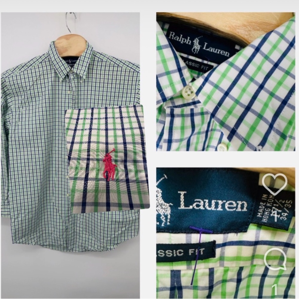 Ralph Lauren Mens Classic Fit Button down Shirt Green Plaid Button 17 1/2